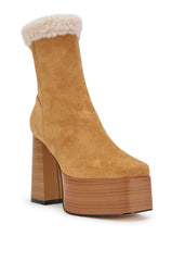 AZALEA WANG LAROUSSE CAMEL FAUX SUEDE SHEARLING BLOCK BOOTIE