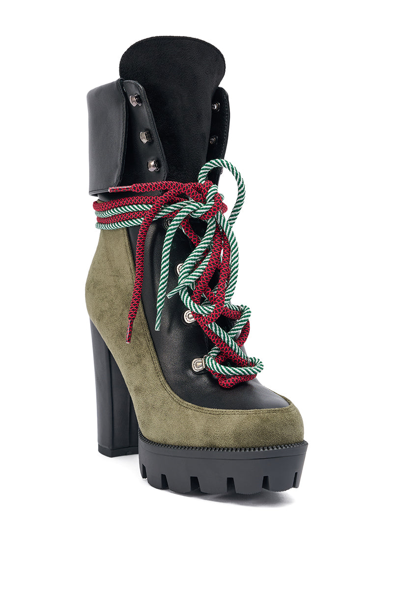 AKIRA GOLD MUFFLER GREEN MULTI BLOCK HEEL BOOTIE