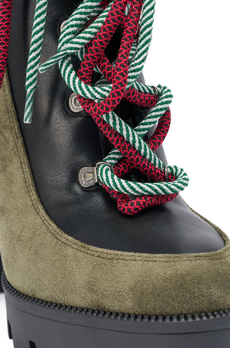 AKIRA GOLD MUFFLER GREEN MULTI BLOCK HEEL BOOTIE