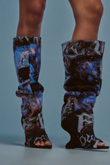 AKIRA GOLD NINE LIVES GRAPHIC OPEN TOE WEDGE BOOT