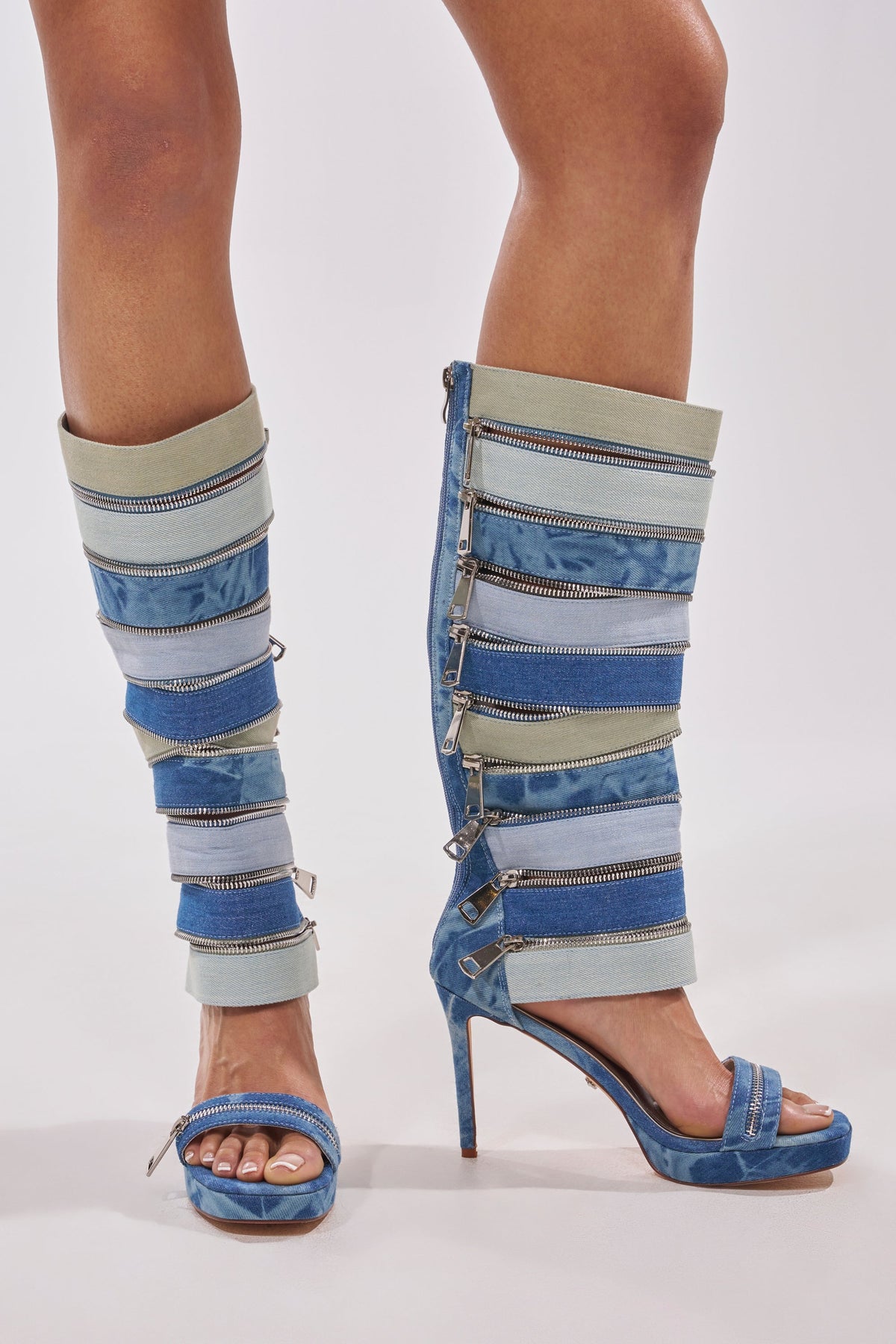 AKIRA GOLD ON REPEAT DENIM EMBELLISHED PLATFORM STILETTO SANDAL BOOT