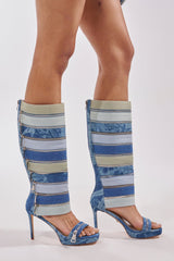 AKIRA GOLD ON REPEAT DENIM EMBELLISHED PLATFORM STILETTO SANDAL BOOT