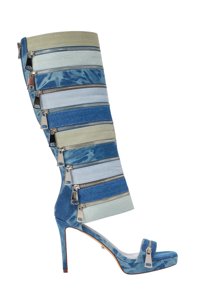 AKIRA GOLD ON REPEAT DENIM EMBELLISHED PLATFORM STILETTO SANDAL BOOT