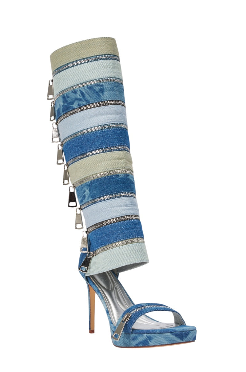 AKIRA GOLD ON REPEAT DENIM EMBELLISHED PLATFORM STILETTO SANDAL BOOT