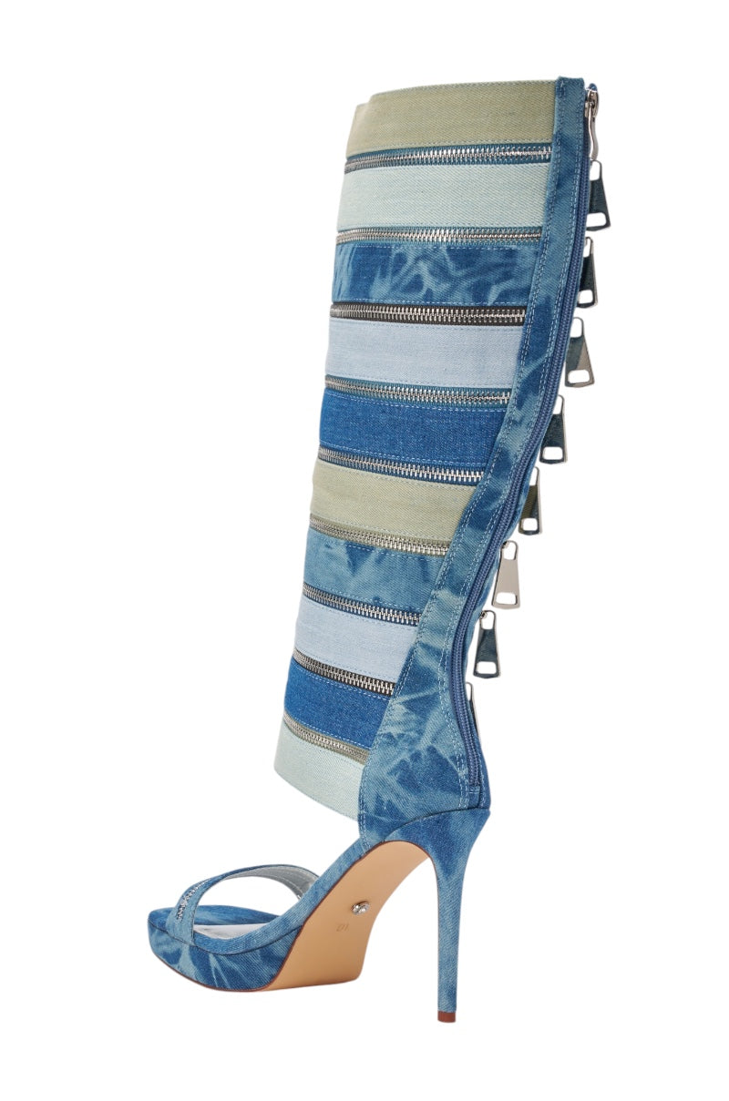 AKIRA GOLD ON REPEAT DENIM EMBELLISHED PLATFORM STILETTO SANDAL BOOT