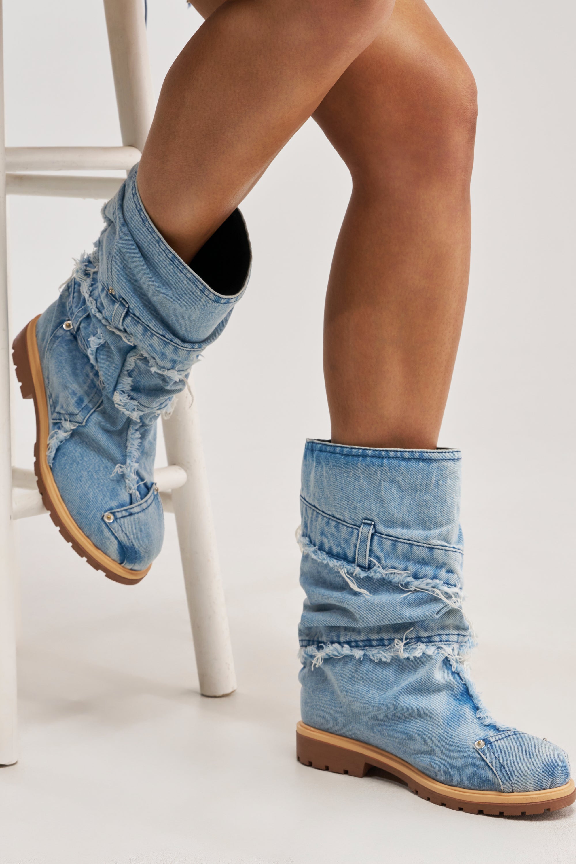 AKIRA GOLD PAPILLION DENIM FLAT BOOTIE
