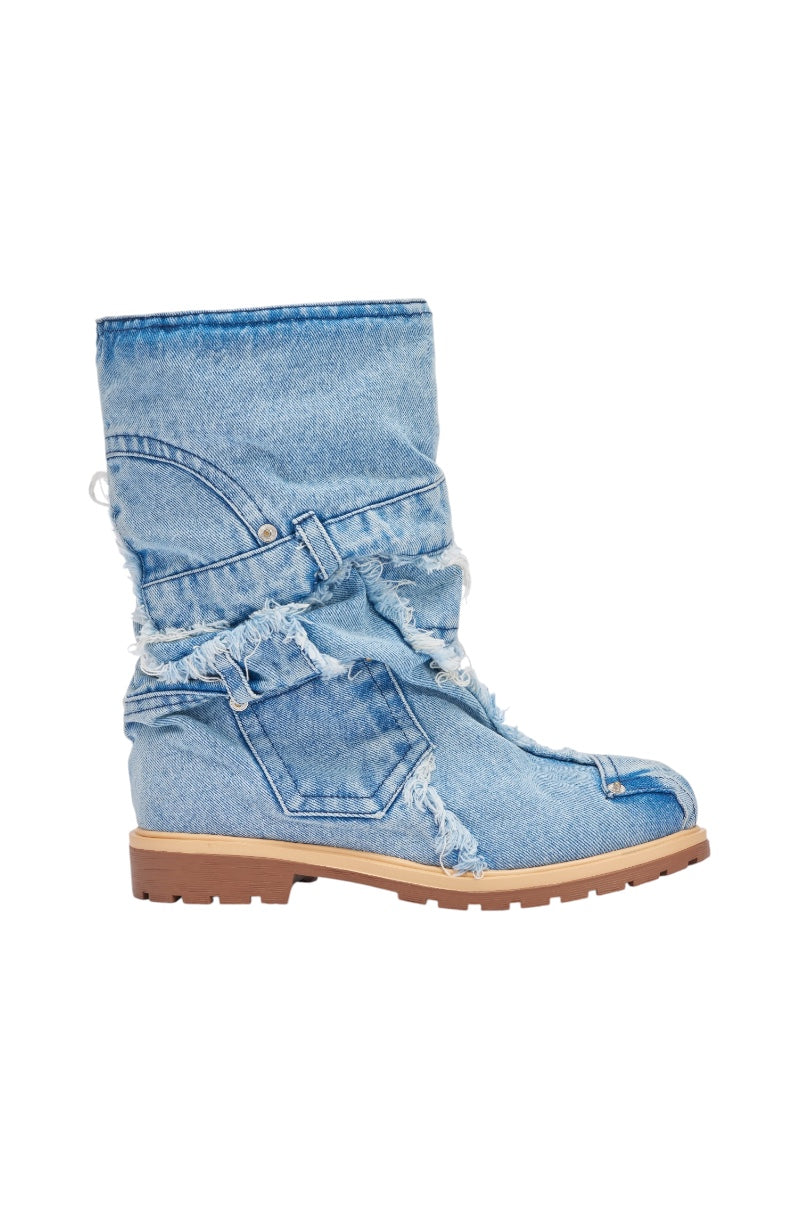 AKIRA GOLD PAPILLION DENIM FLAT BOOTIE