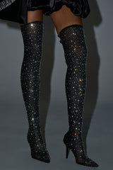 AKIRA GOLD PIA BLACK RHINESTONE MESH THIGH HIGH BOOT