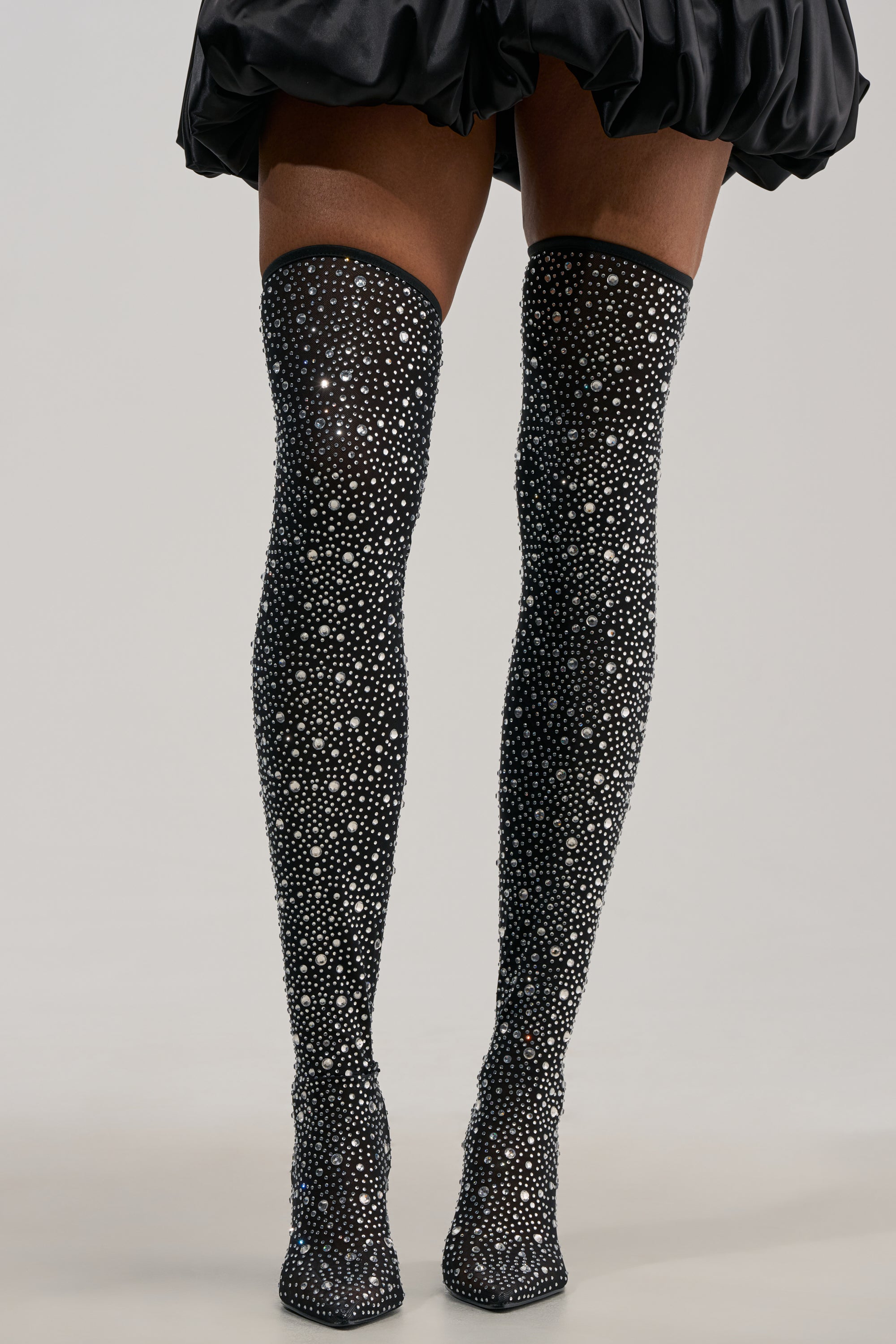 AKIRA GOLD PIA BLACK RHINESTONE MESH THIGH HIGH BOOT