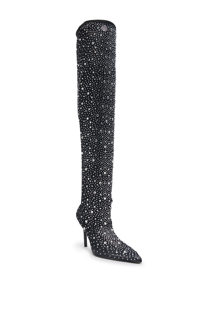 AKIRA GOLD PIA BLACK RHINESTONE MESH THIGH HIGH BOOT