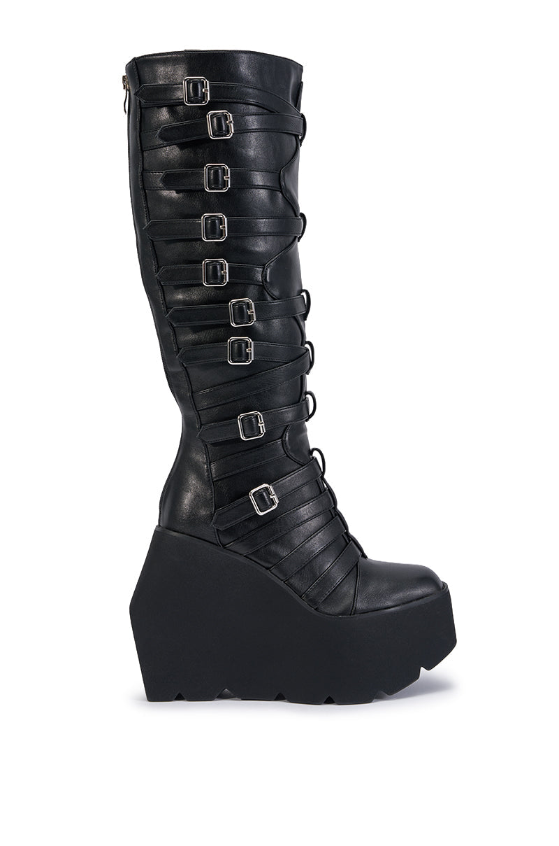 AKIRA GOLD STATIC BLACK PLATFORM WEDGE BOOT