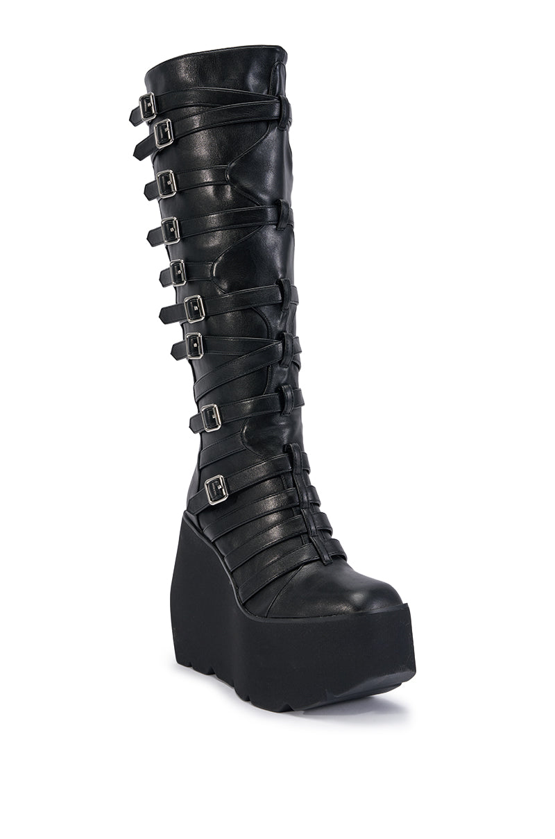 AKIRA GOLD STATIC BLACK PLATFORM WEDGE BOOT