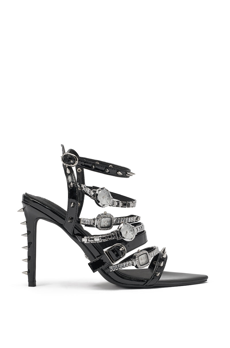 AKIRA GOLD SYDONIC BLACK WATCH STILETTO SANDAL
