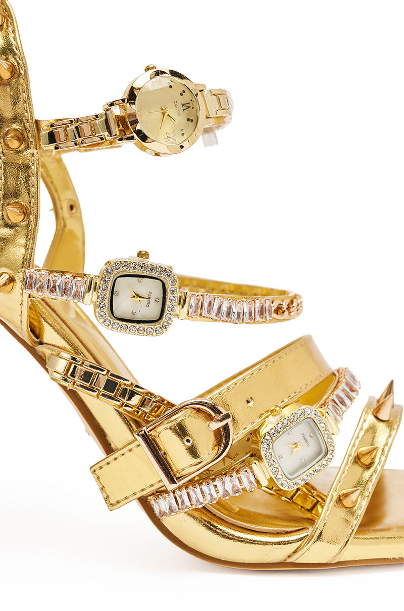 AKIRA GOLD SYDONIC GOLD WATCH STILETTO SANDAL