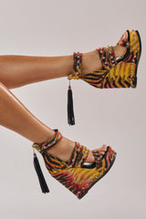 AKIRA GOLD ZANIA TIGER MULTI PRINT FRINGE EMBELLISHED WEDGE SANDAL
