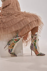 AKIRA GOLD ZOLA MULTI FLORAL STILETTO BOOTIE
