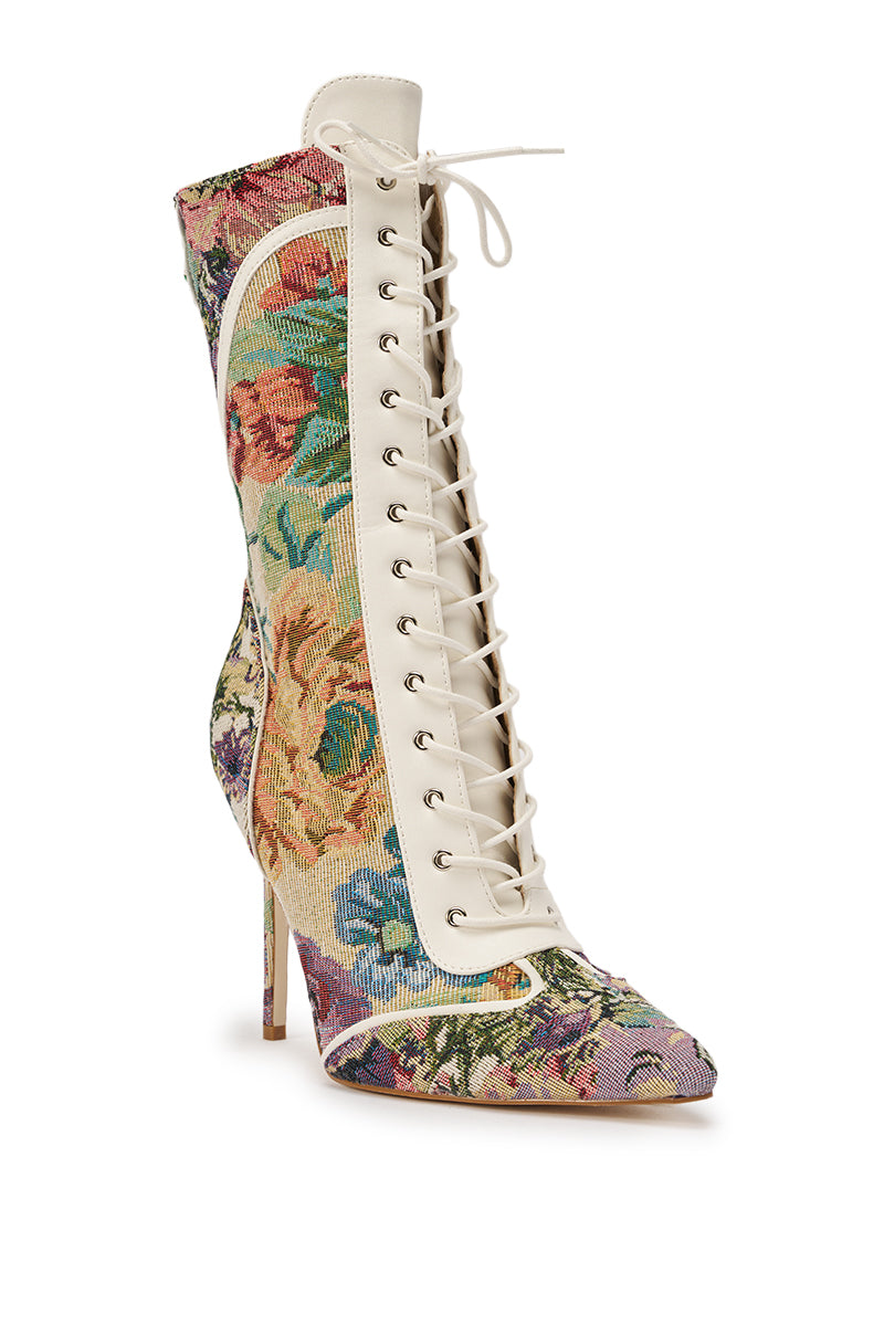 AKIRA GOLD ZOLA MULTI FLORAL STILETTO BOOTIE