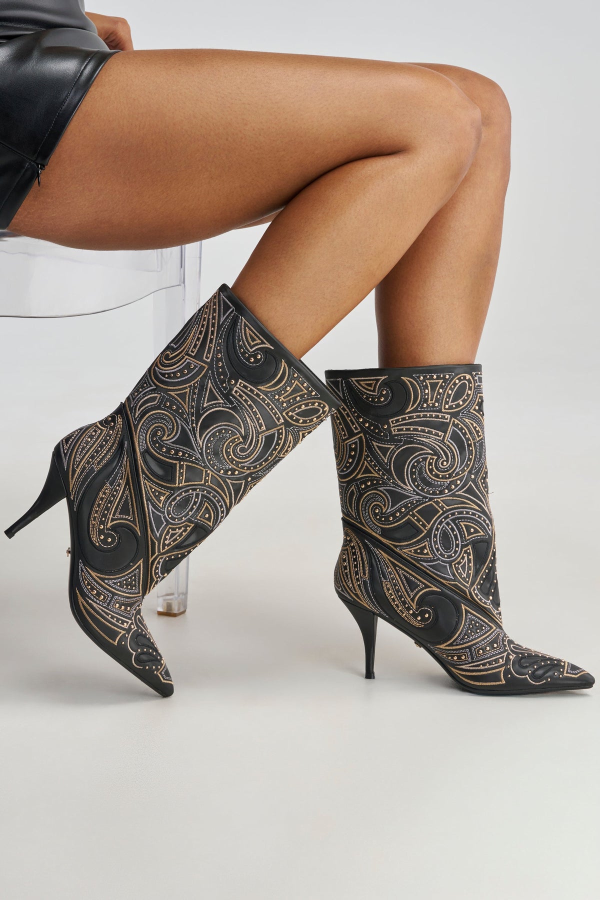 AKIRA GOLD ZORINA BLACK MULTI METALLIC PATTERNED BOOTIE