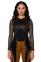AFTER DARK FAUX LEATHER PANEL LONG SLEEVE MESH BODYSUIT