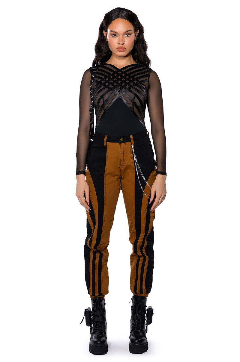 AFTER DARK FAUX LEATHER PANEL LONG SLEEVE MESH BODYSUIT