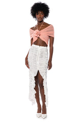 AIRA MESH OFF THE SHOULDER HALTER CROP TOP IN BLUSH PINK