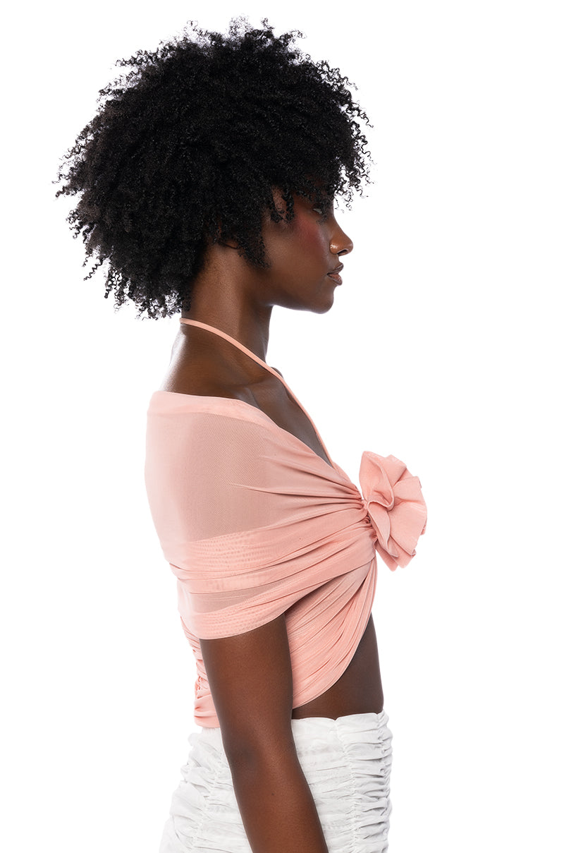 AIRA MESH OFF THE SHOULDER HALTER CROP TOP IN BLUSH PINK