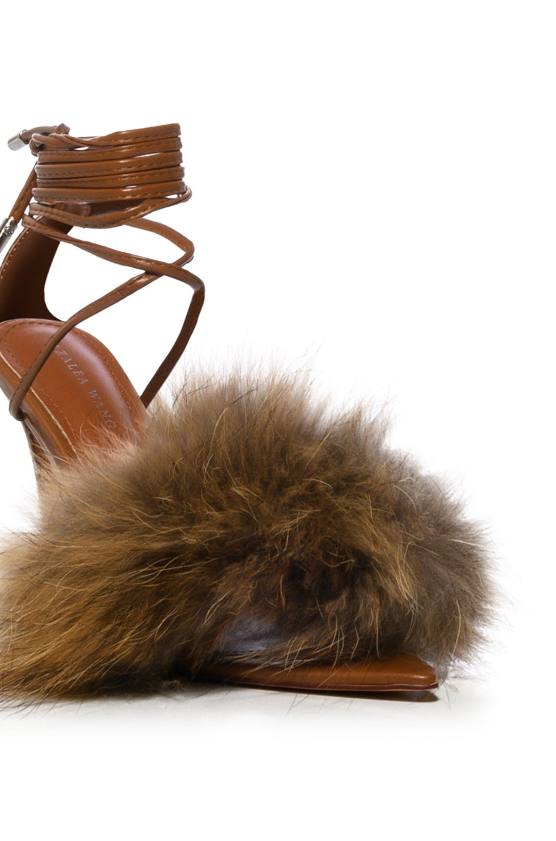 AZALEA WANG BUNNY FUR STILETTO SANDAL IN BROWN
