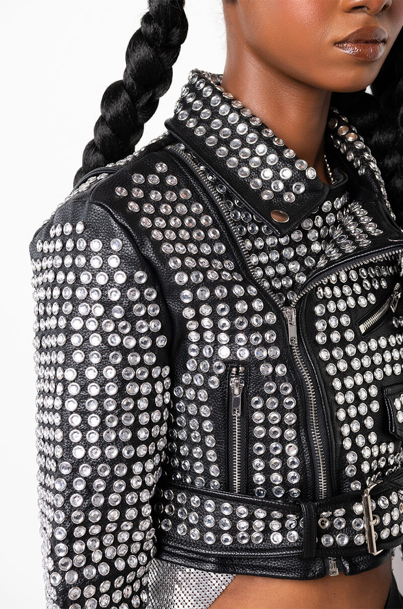 AZALEA WANG GAZETTE 3000 STUDS MOTO JACKET IN BLACK