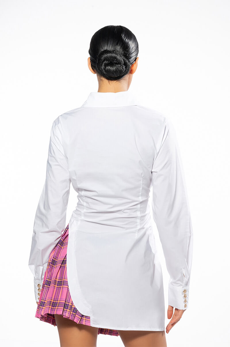COLLEGIATE PRIVATE SCHOOL LAYERED POPLIN BUTTON DOWN MINI DRESS