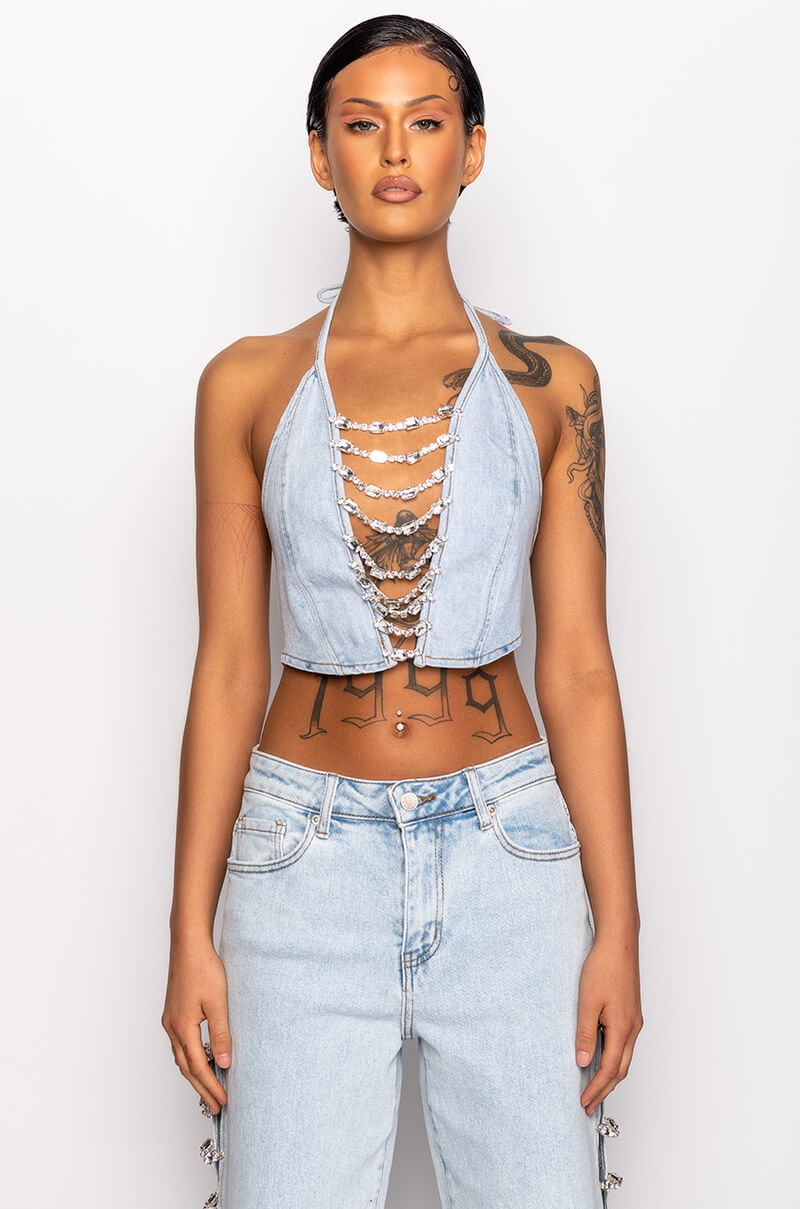 COVERED IN DIAMONDS DENIM PLUNGE CROP TOP