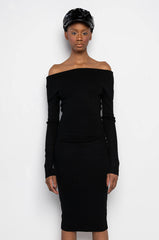 COZY AF PLUSH OFF THE SHOULDER MIDI SWEATER DRESS BLACK
