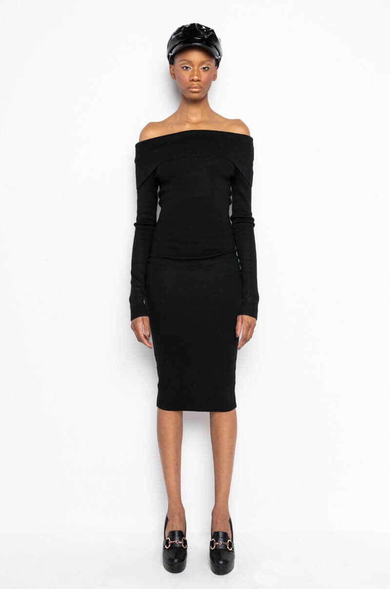 COZY AF PLUSH OFF THE SHOULDER MIDI SWEATER DRESS BLACK