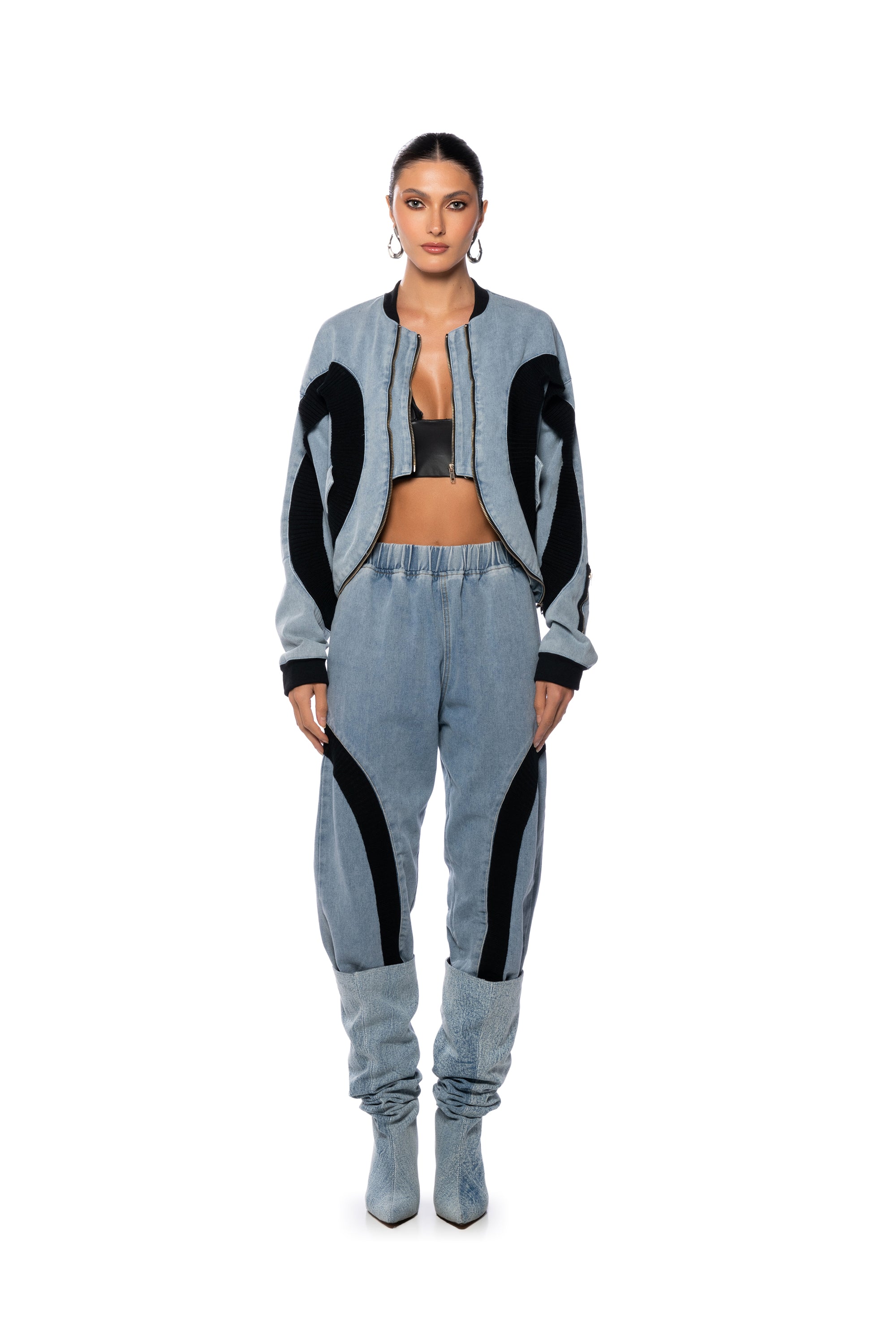 CURVE EFFECT RIBBED TRIM DENIM JOGGER
