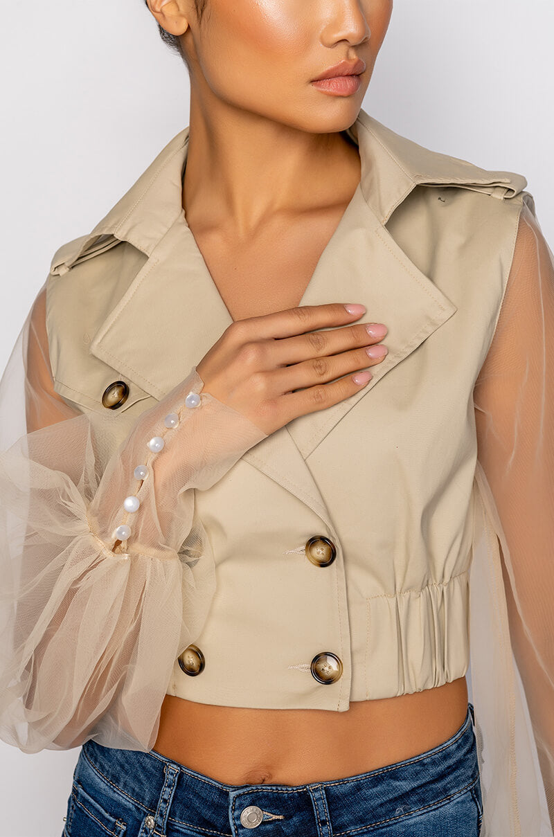 CROP TRENCH WITH TULLE ARMS